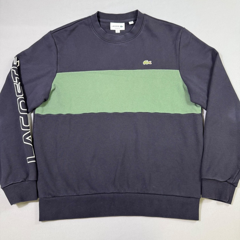 Lacoste Sweatshirt Mens L(5) Navy Blue Green Colorblock Sleeve Logo French Terry